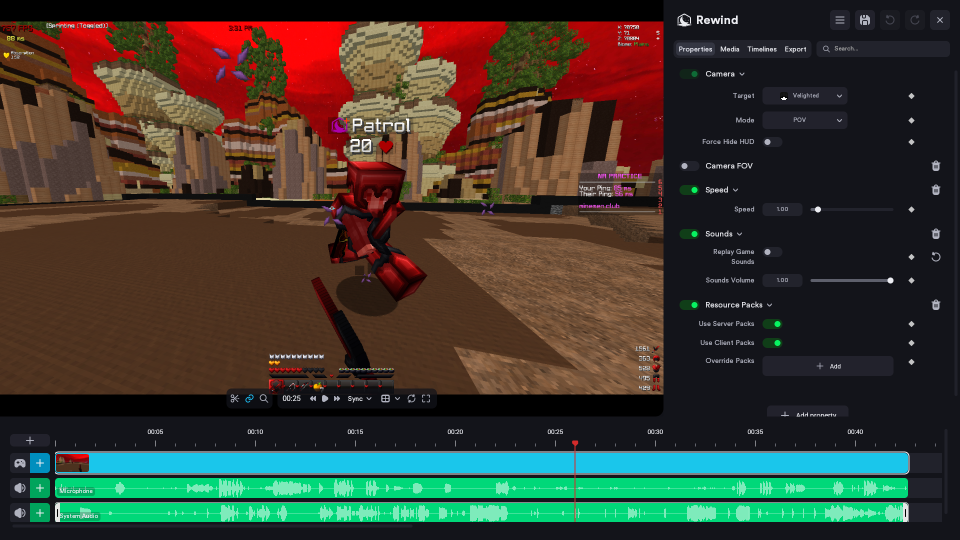 The Rewind editor on Lunar Client