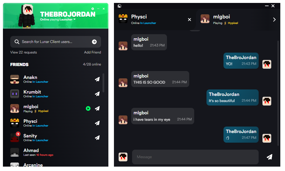 The secondary windows of the friends list and messaging in the Lunar Client Launcher