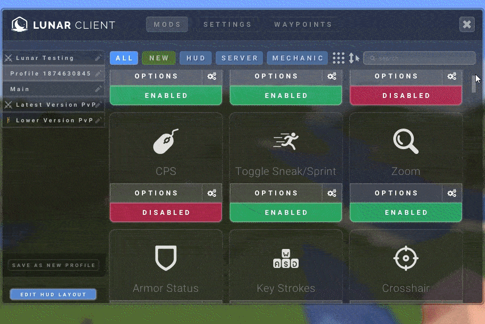 Showcase of Lunar Client supported versions and built-in mods