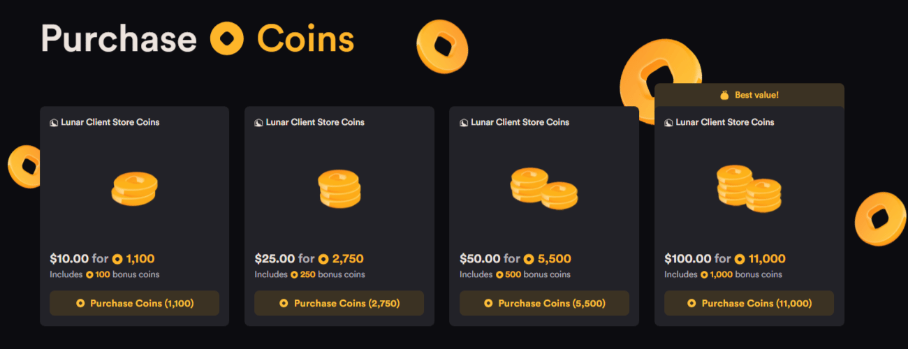 Purchasing Coins from the Lunar Client Store
