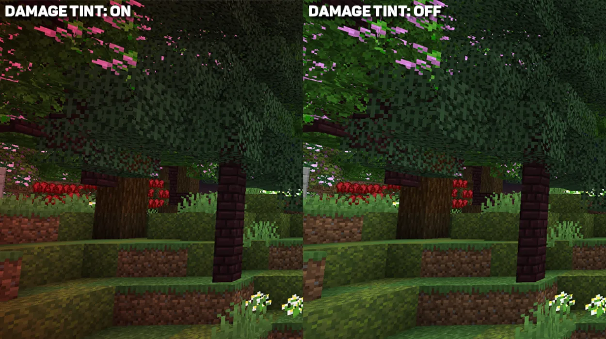 Comparison between Damage Tint being enabled/disabled on Lunar Client