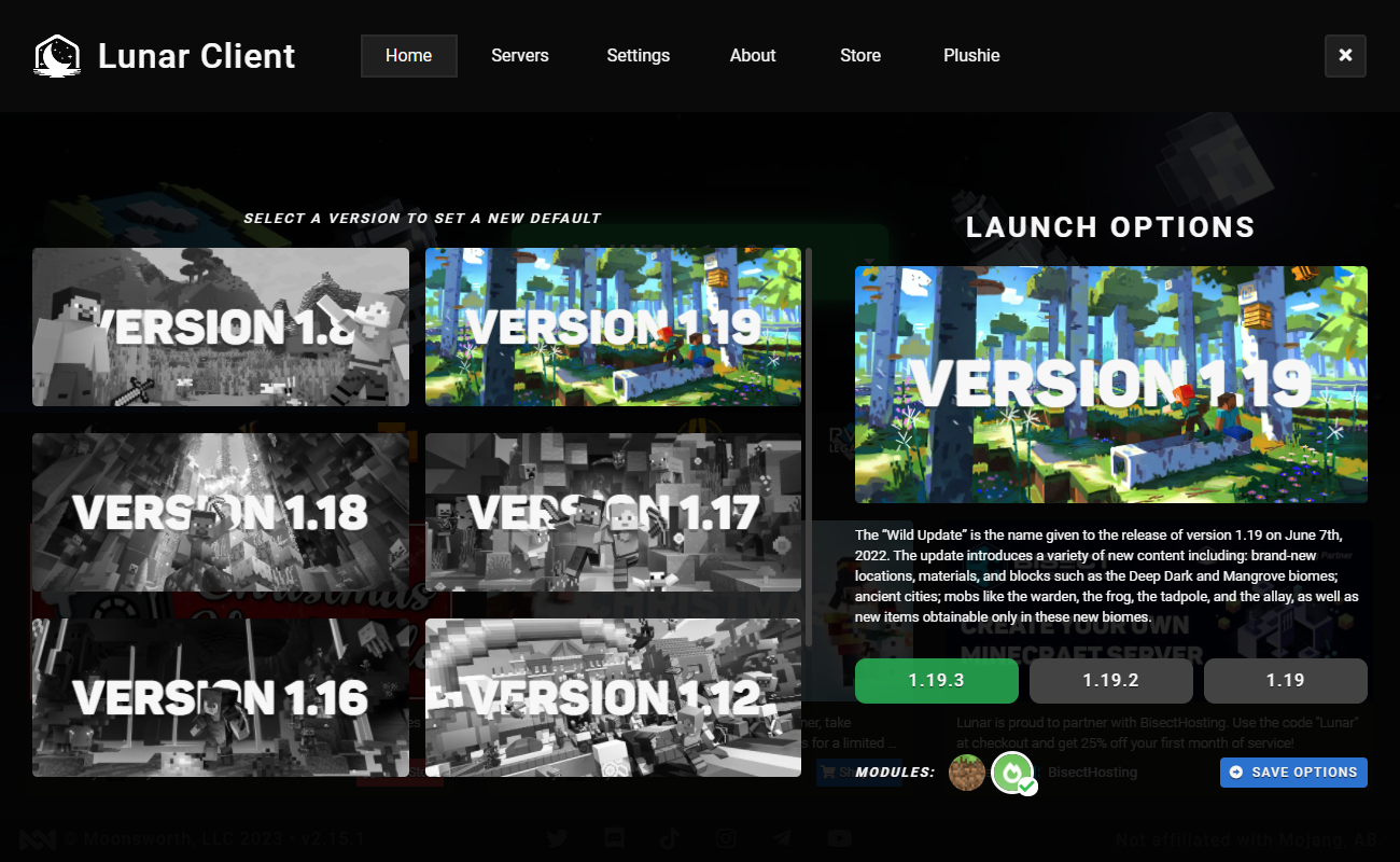 Minecraft 1.19.3 now accessible through the Lunar Client Launcher!