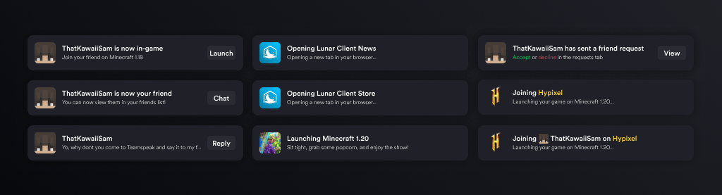 All notification types on Lunar Client Launcher