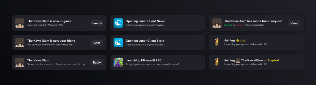 All notification types on Lunar Client Launcher