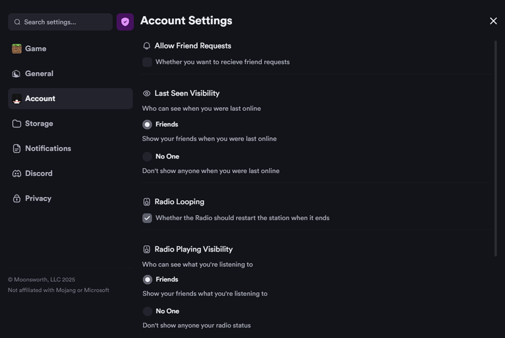 Newly added Accounts tab in the Lunar Client Launcher Settings
