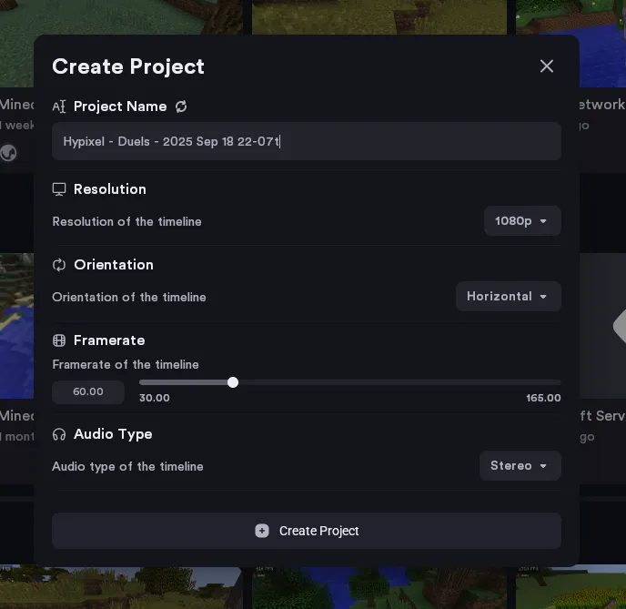 The Create Project menu inside the Lunar Client Rewind Editor