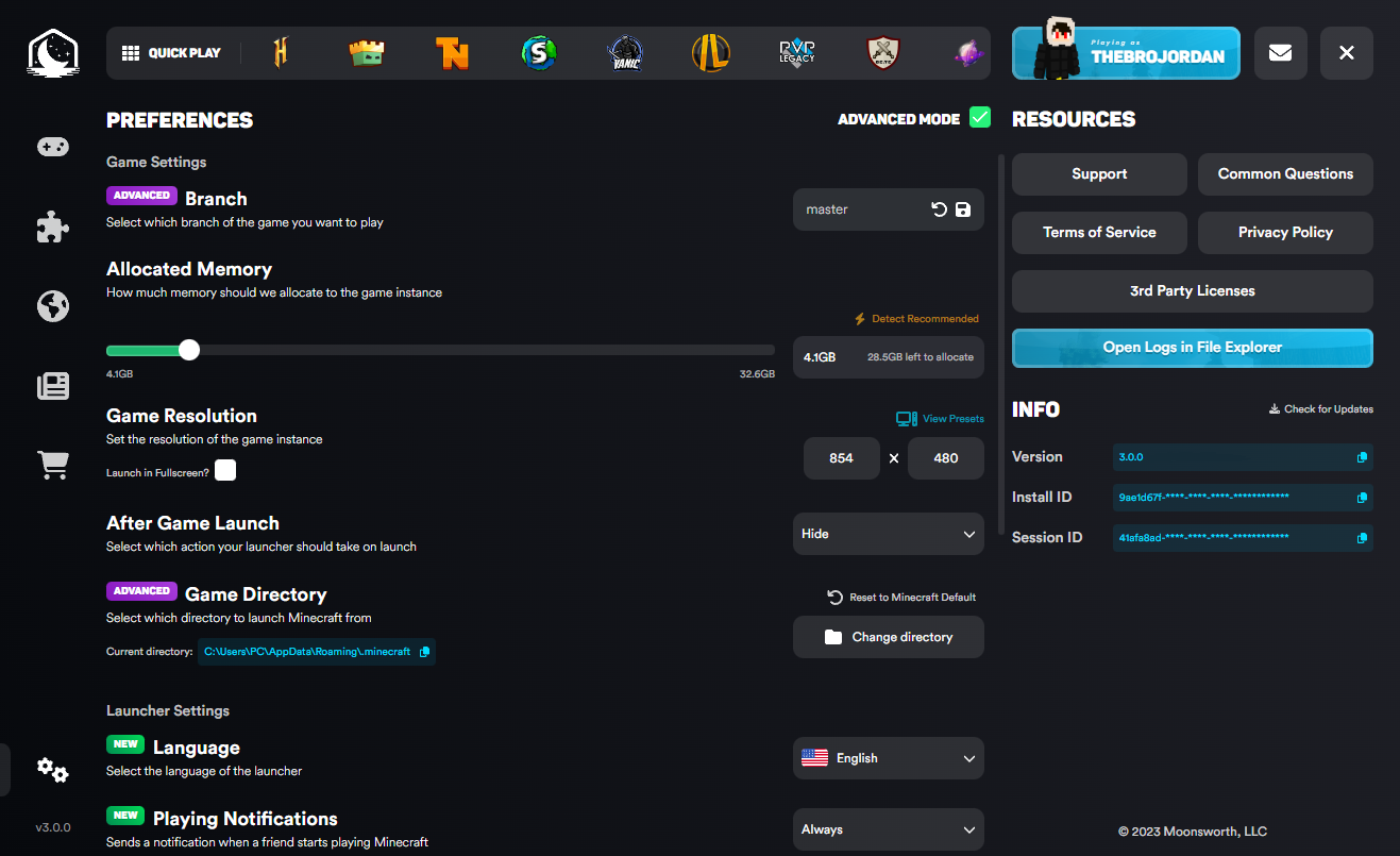 The settings page on the Lunar Client Launcher