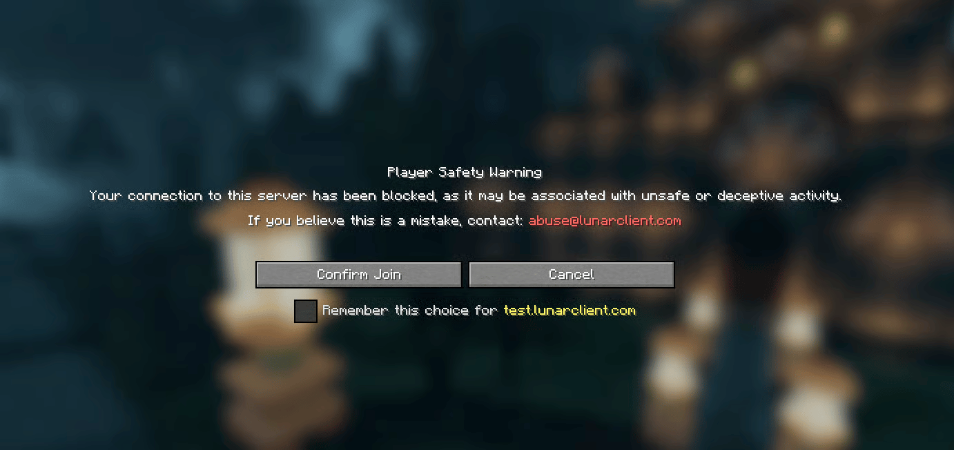 The new player safety warning on Lunar Client