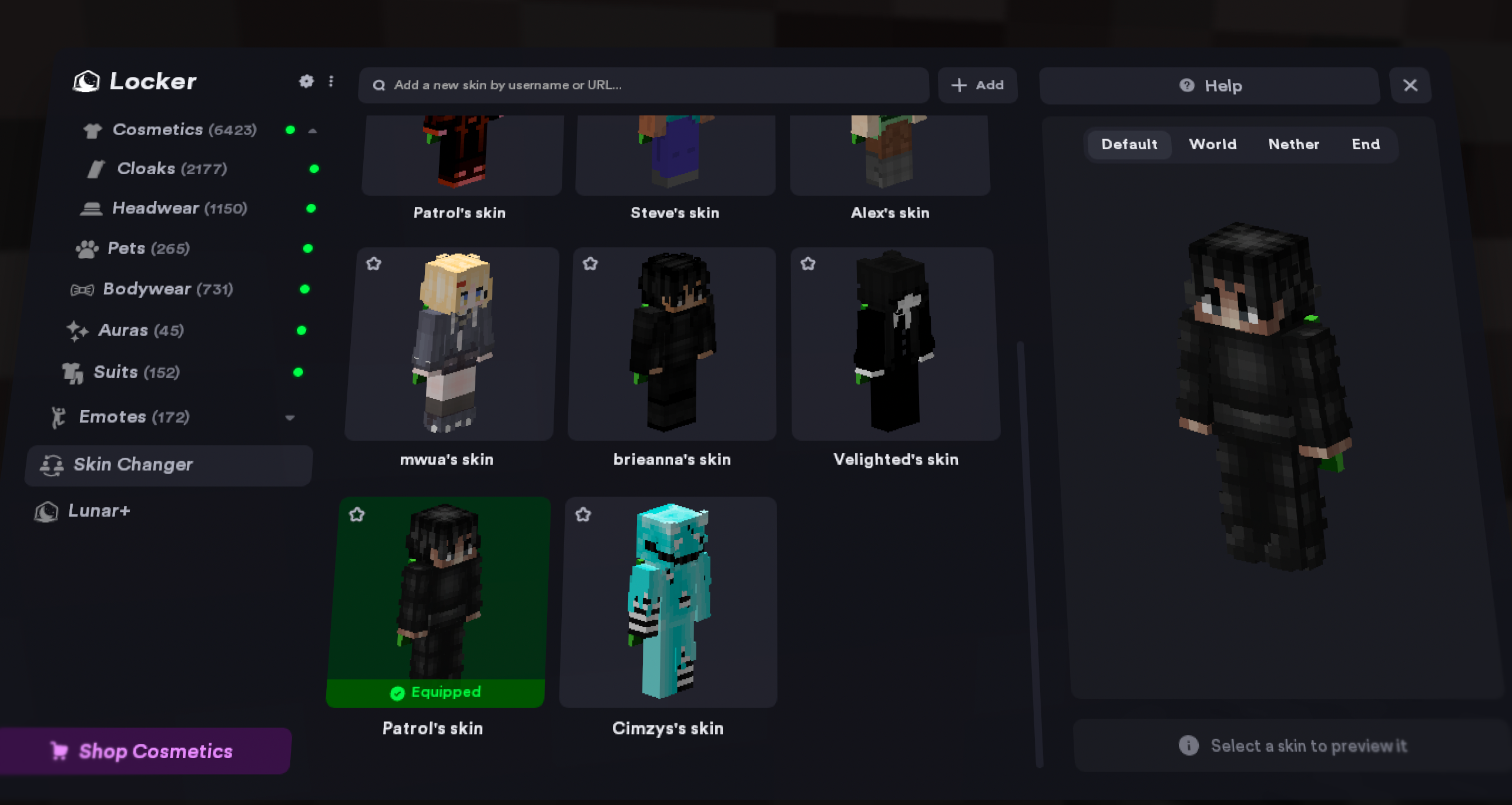 Updates to the Skin Changer in the new Lunar Client Cosmetic Locker