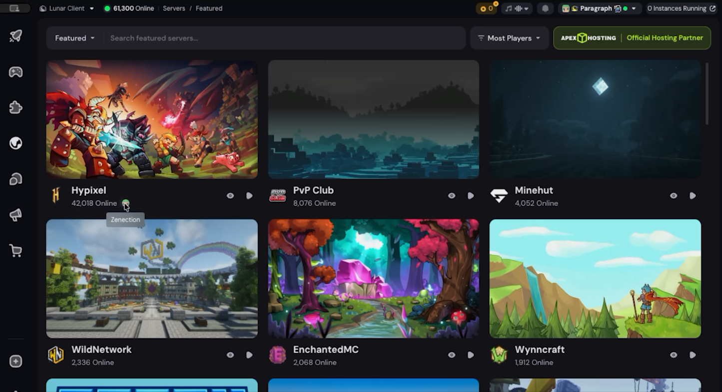 Servers page inside of the Lunar Client Launcher