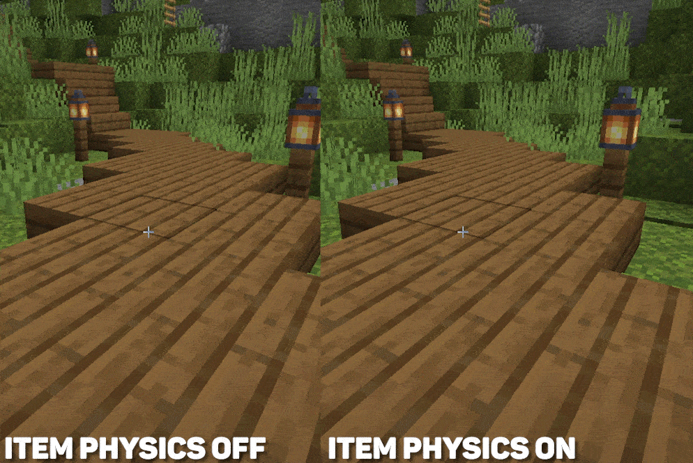 Comparison between Item Physics being enabled/disabled on Lunar Client