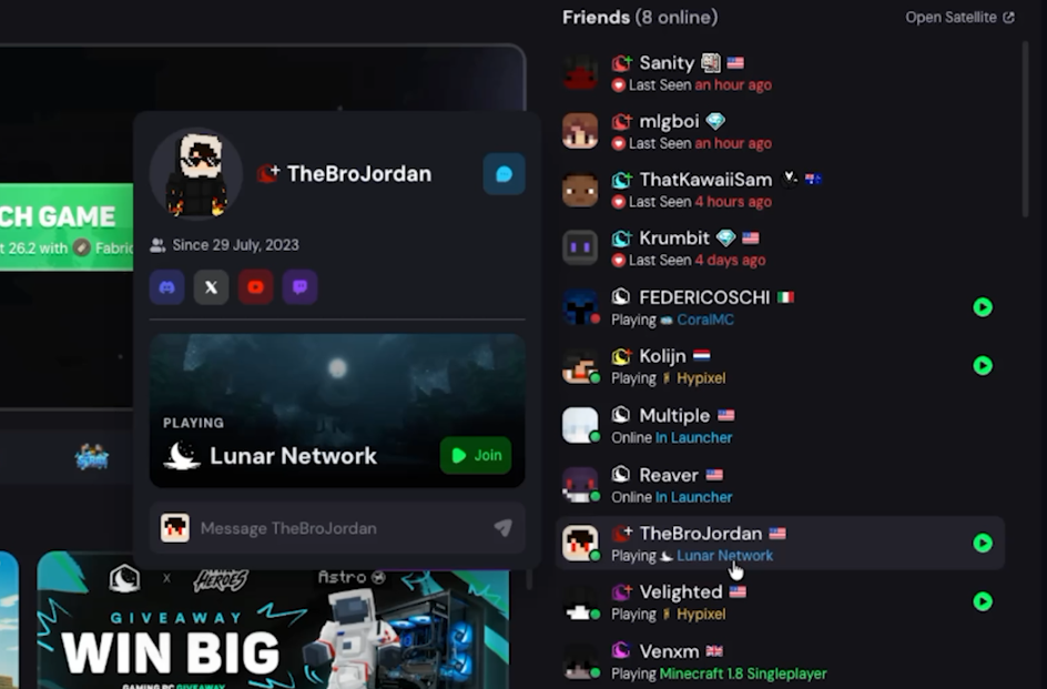 New Lunar Client Launcher friend profiles