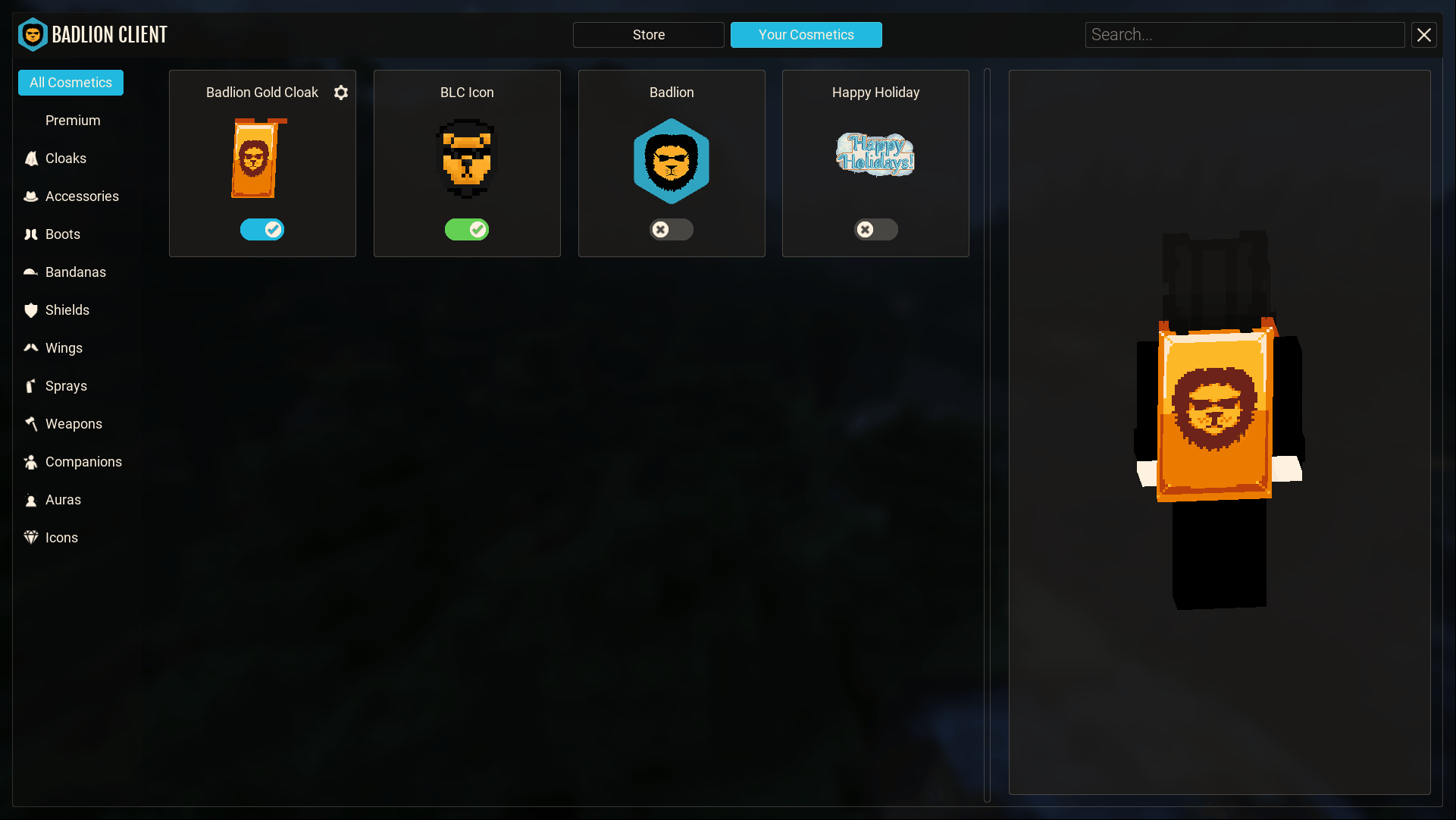 The Exclusive Gold Cloak on Badlion Client