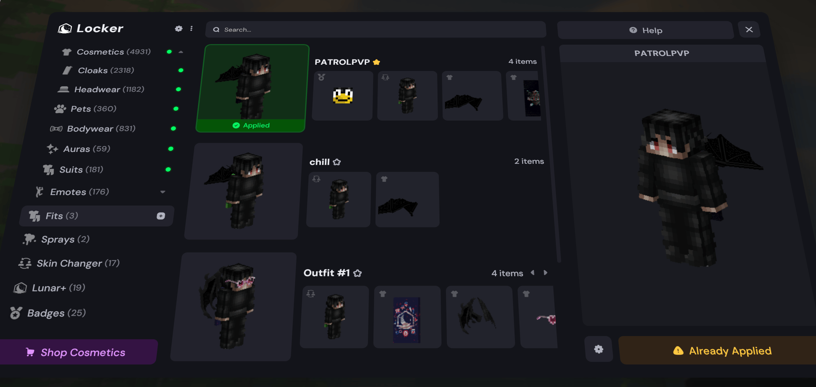 The brand new Outfits feature inside the Lunar Client Cosmetic Locker