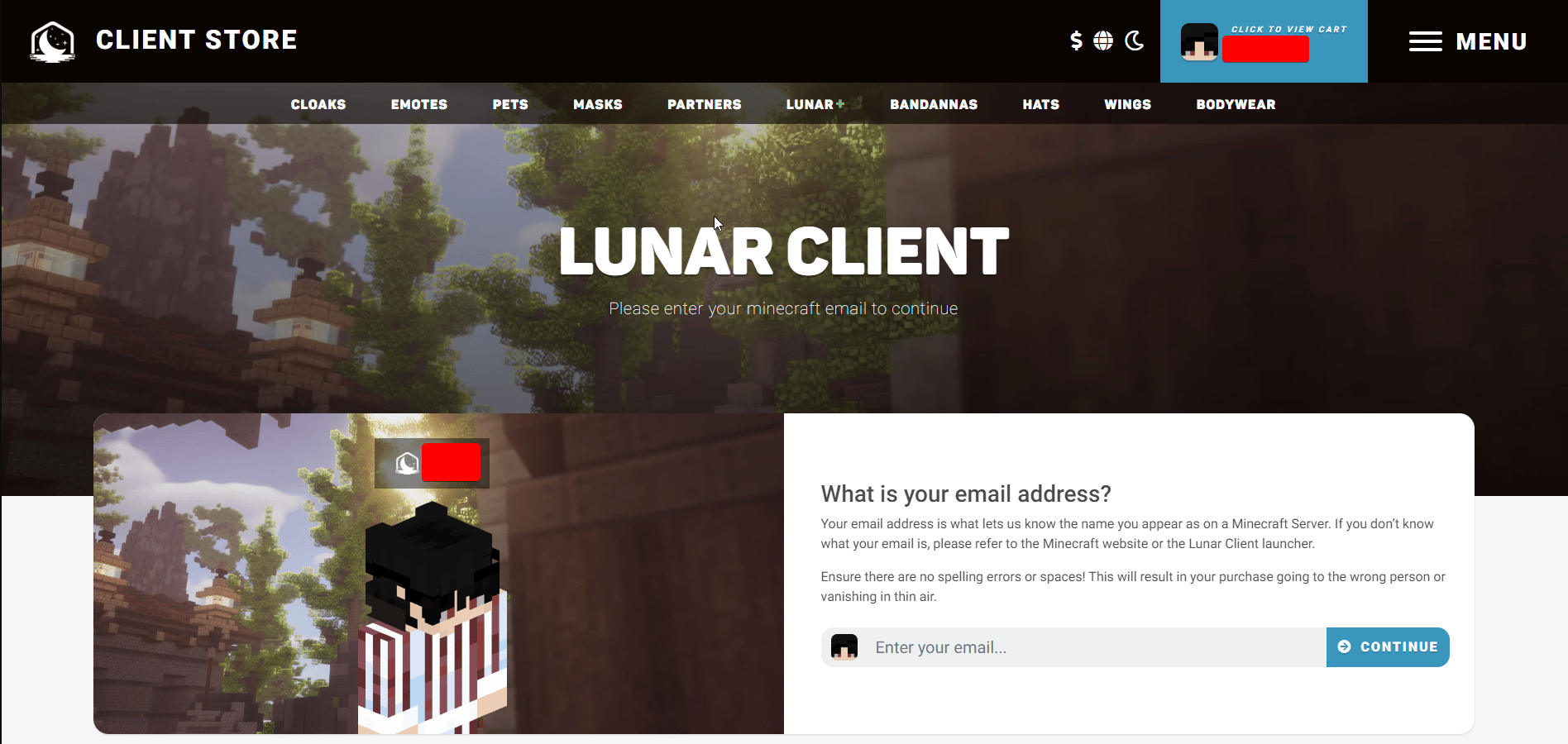 An example of a fake Lunar Client Store