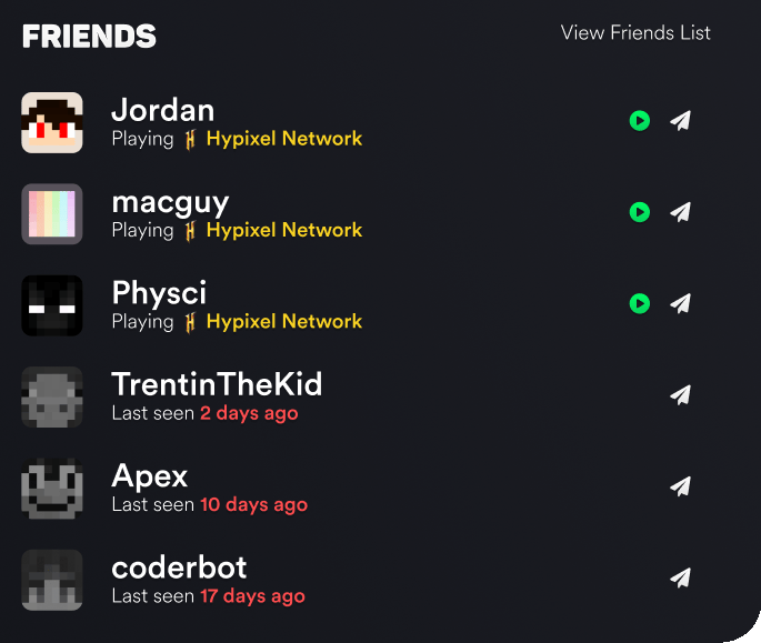 The Lunar Client friends list in the new Launcher