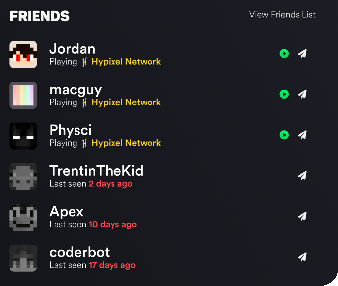 The Lunar Client friends list in the new Launcher