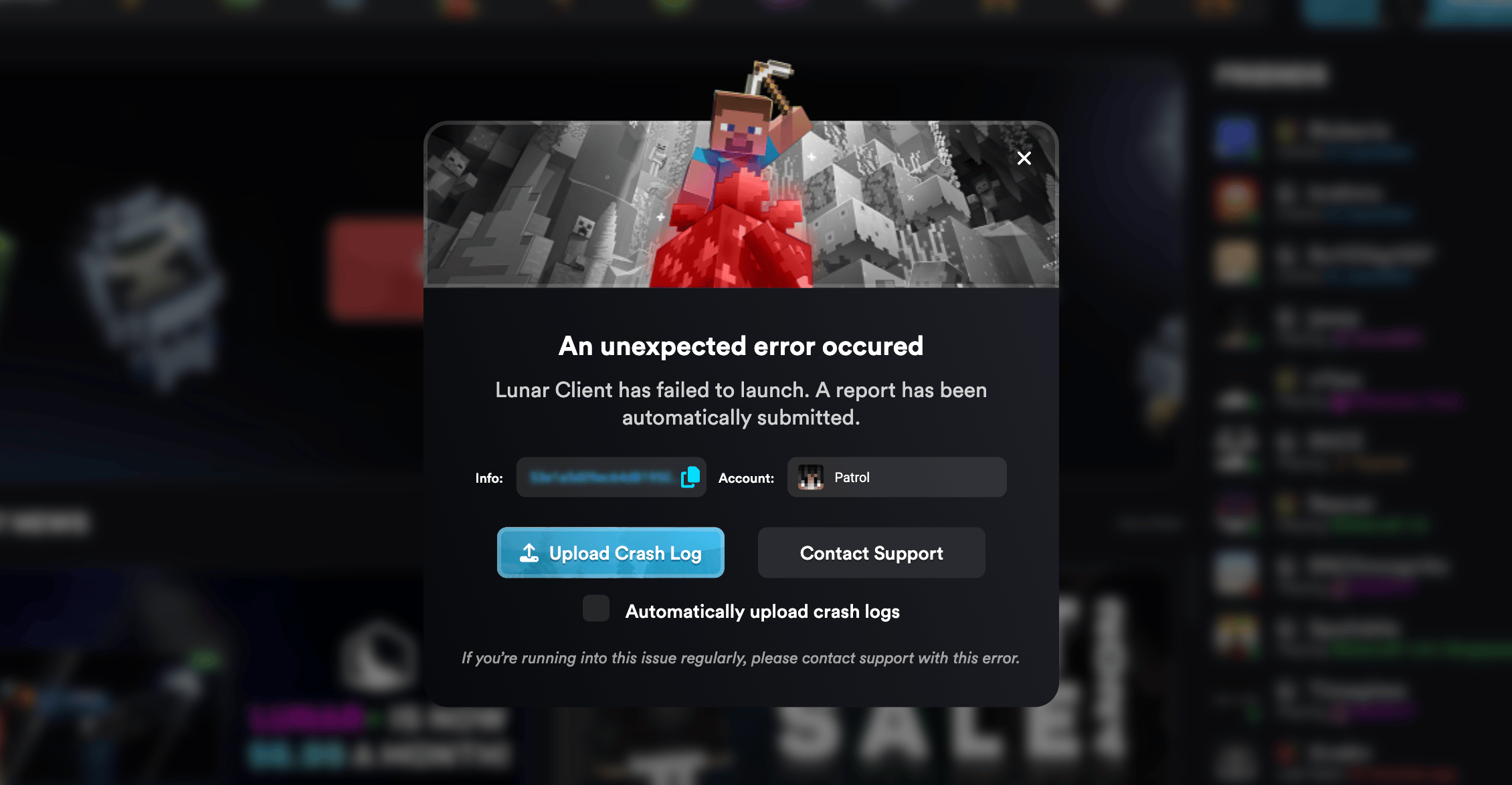 An Unexpected Error on Lunar Client caused by an incompatible mod
