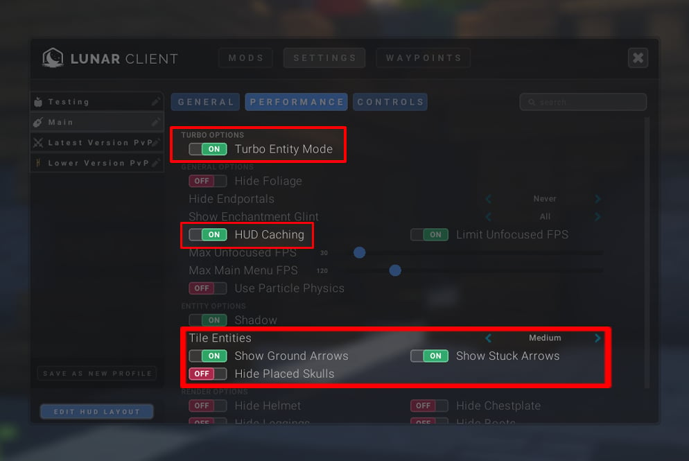 Different performance settings on Lunar Client