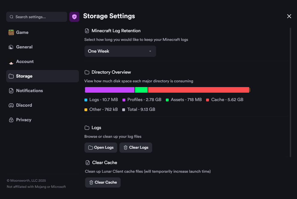 Newly added Storage tab in the Lunar Client Launcher Settings
