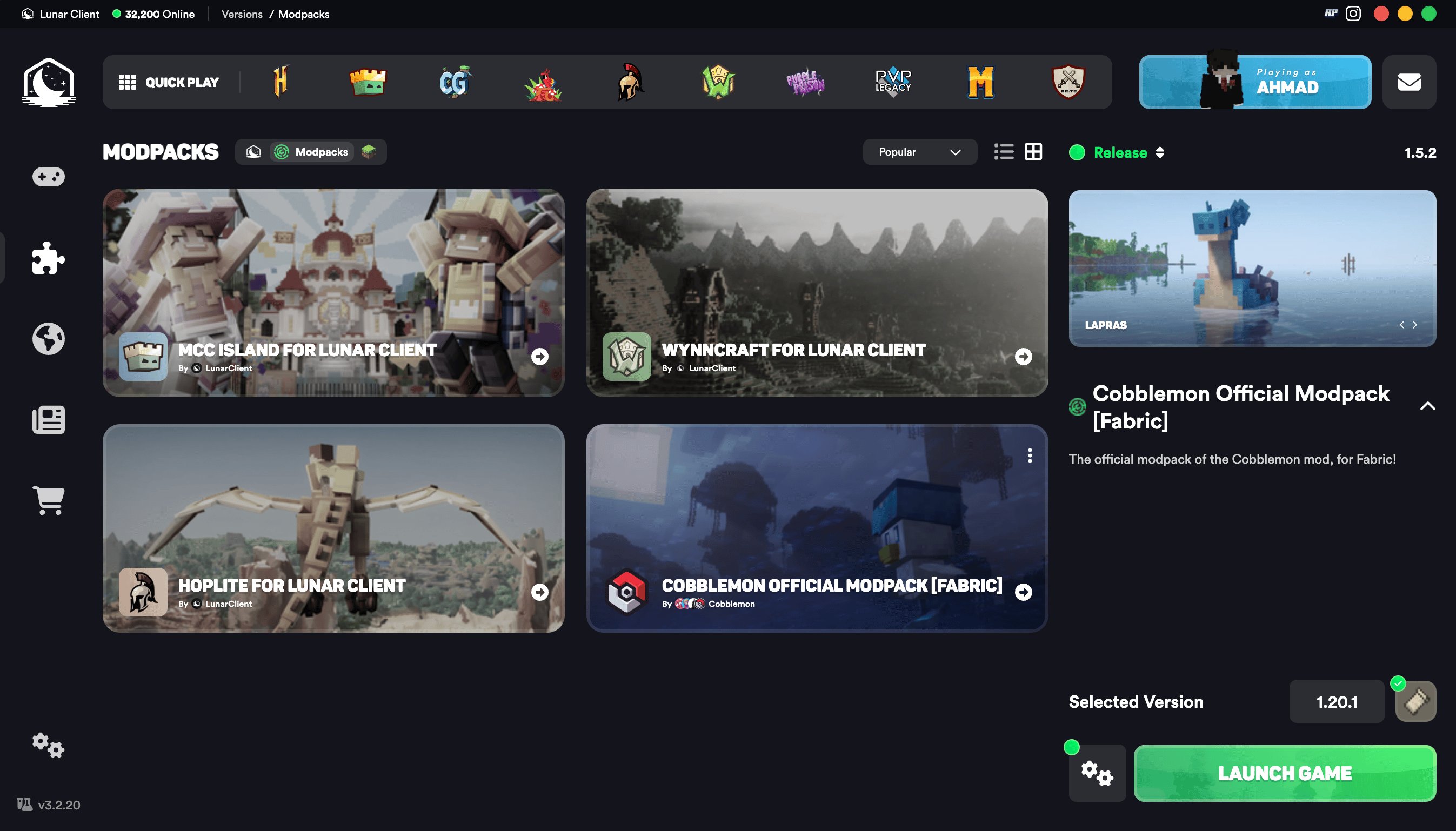 The MCC Island Modpack on Lunar Client