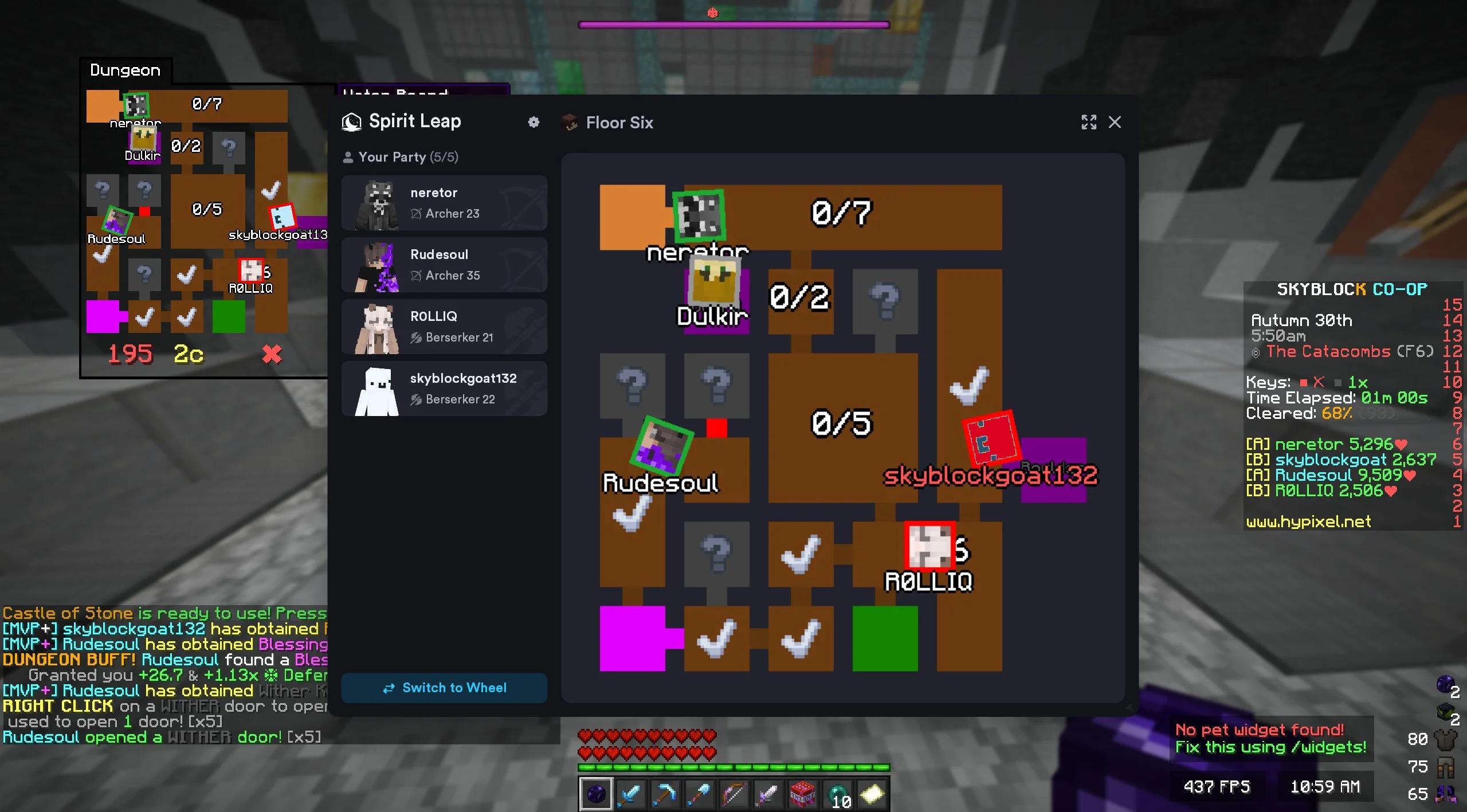 The brand new Spirit Leap UI on Lunar Client being used on Hypixel Skyblock